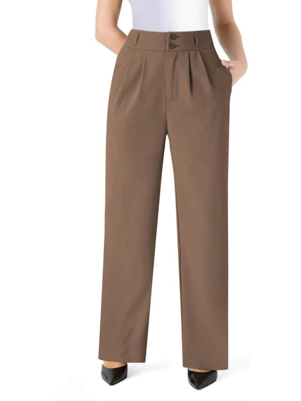 Women's Brown Wide Straight Leg Casual Slacks Business Button Dress Pants